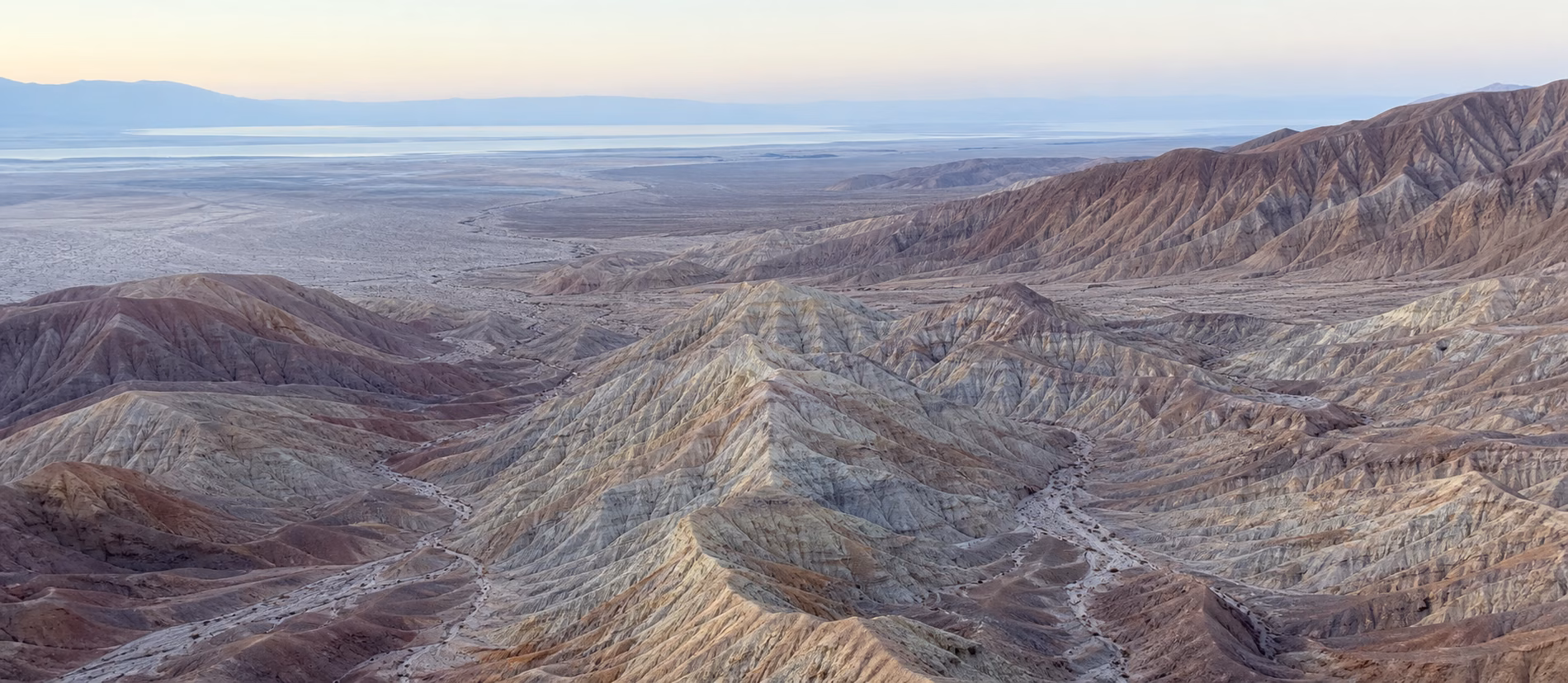 Layered badlands in the Mecca Hills above the Salton Sea